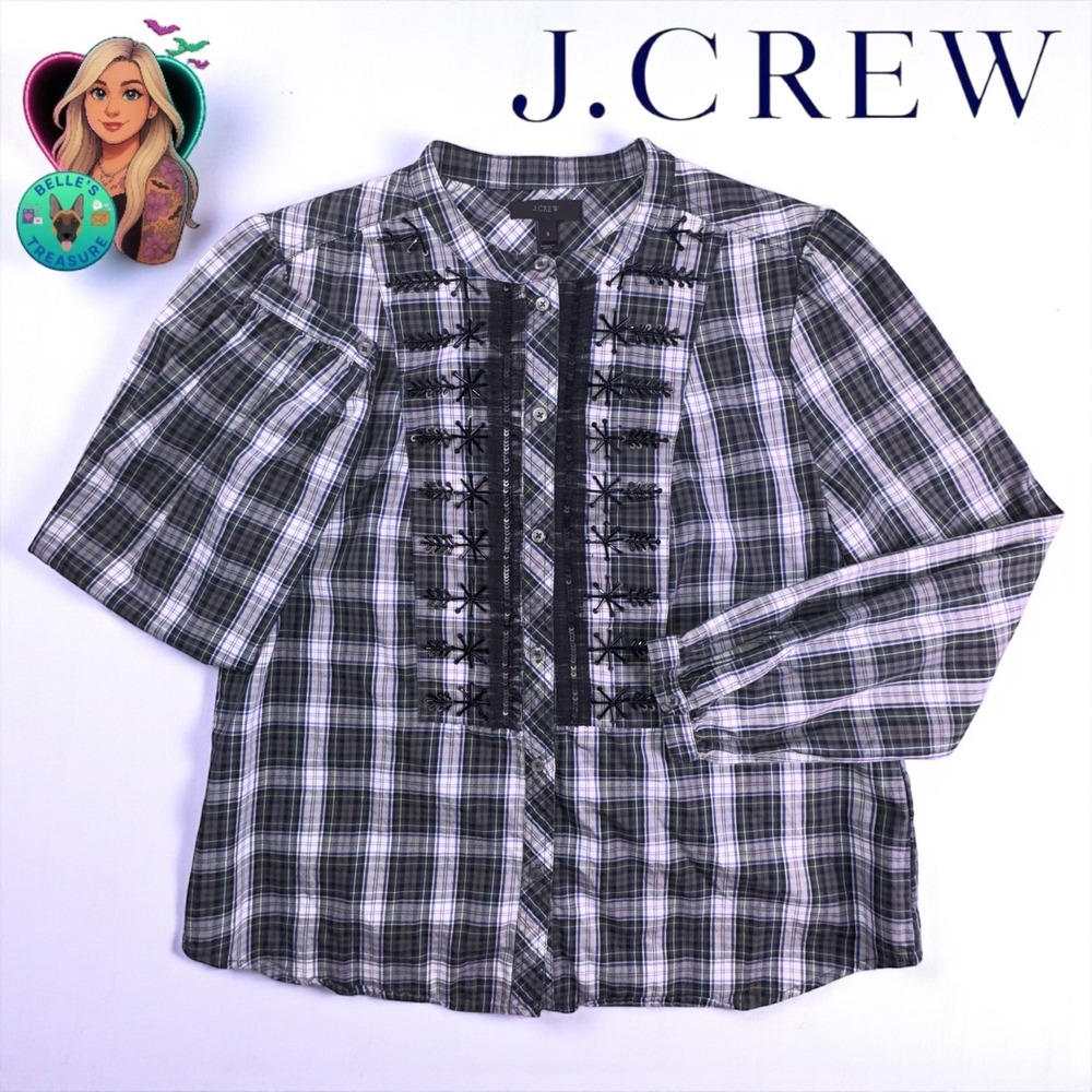 J. Crew Shirt Women's Small Plaid Beaded Embellished Lace Trim‎ Button Down Top
